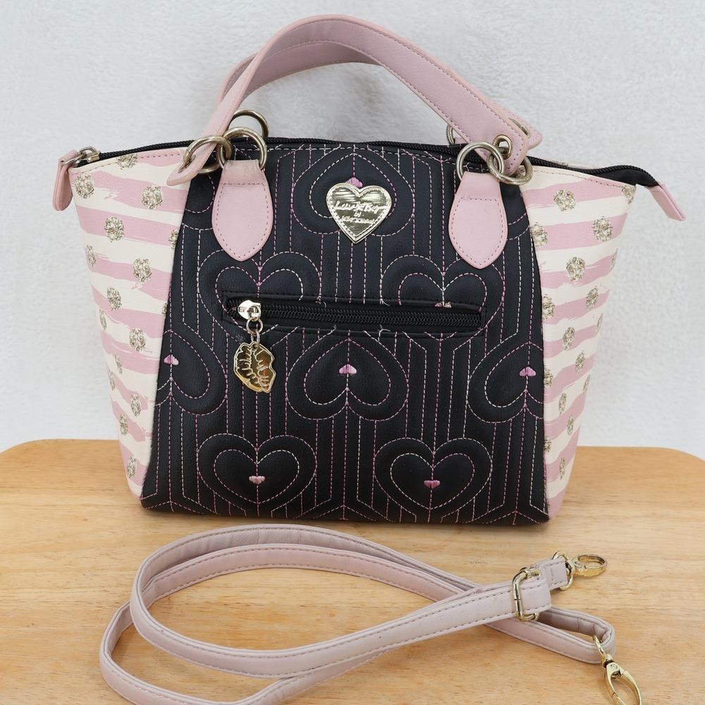 Luv Betsey Johnson Heart Quilted Satchel Bag Womens Pink Black Coquette Kawaii